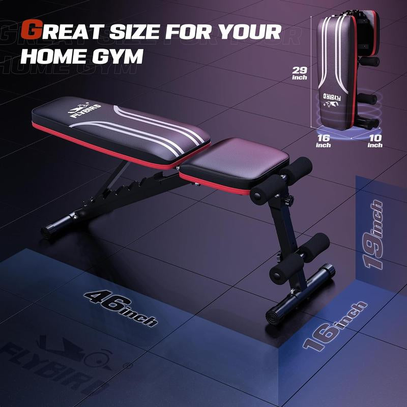 FLYBIRD Adjustable Weight Bench Workout Bench for Home Gym, 15 Degree Decline Sit-Up, Resistance Bands