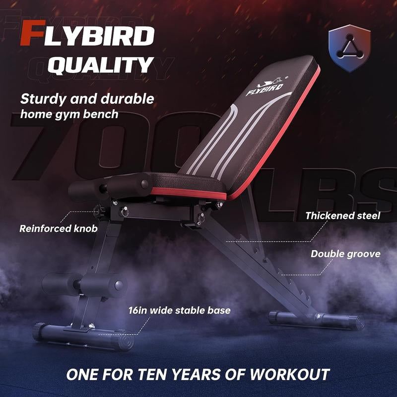 FLYBIRD Adjustable Weight Bench Workout Bench for Home Gym, 15 Degree Decline Sit-Up, Resistance Bands